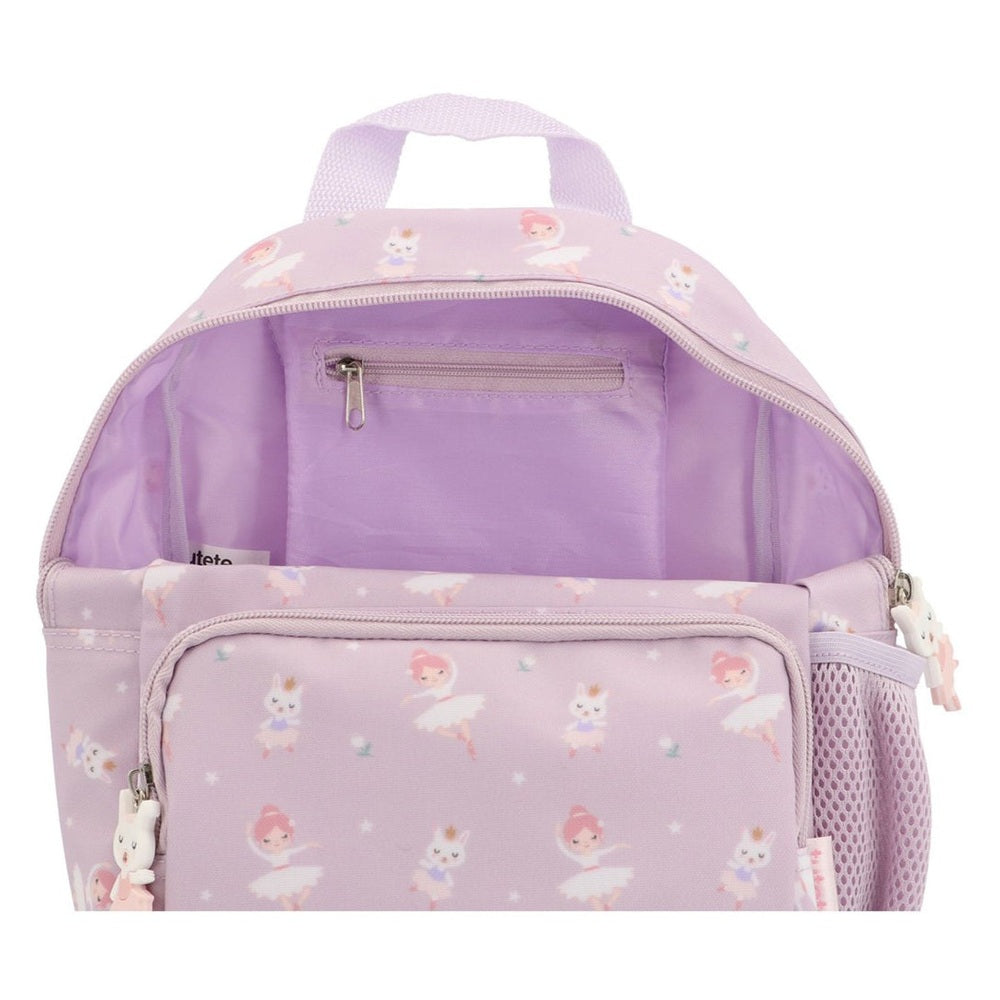 Tutete children's backpack lavender pink with ballet fairy print, front zip pocket and side mesh pocket