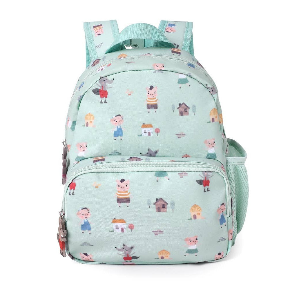 Tutete children's backpack mint green with whimsical character illustrations and multiple pockets