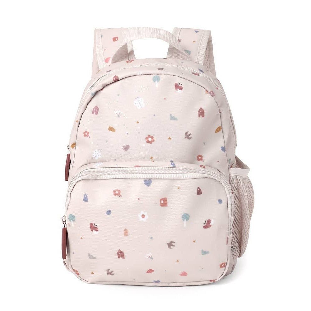 Tutete children's backpack in pale pink with pastel confetti pattern; front pocket, side mesh pocket