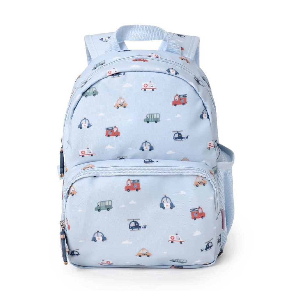 Tutete children's backpack in light blue with car and vehicle print, kids' school backpack