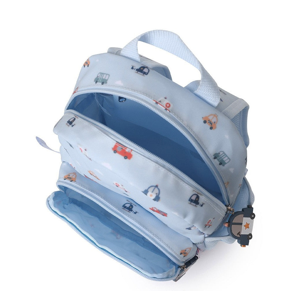 Tutete children's backpack in light blue with vehicle print, top handle and multiple zip pockets