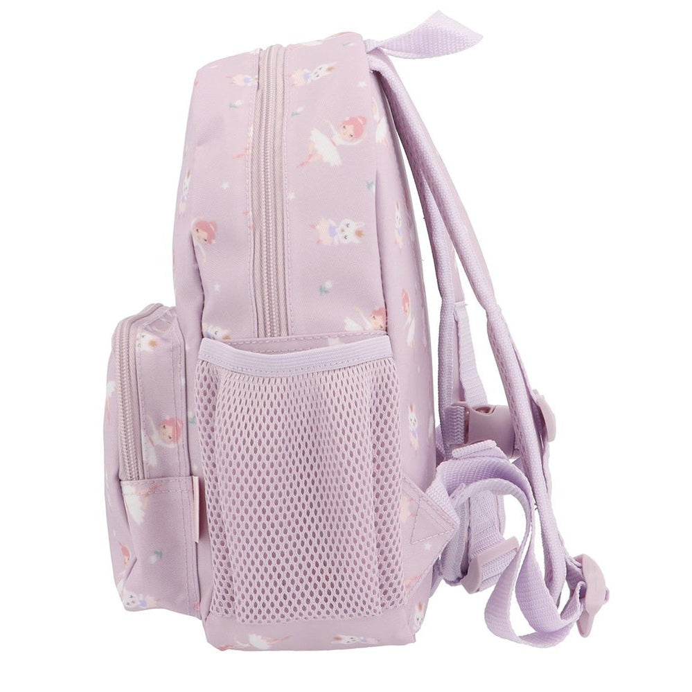 Tutete children's backpack lilac with unicorn print, mesh side pocket, padded straps