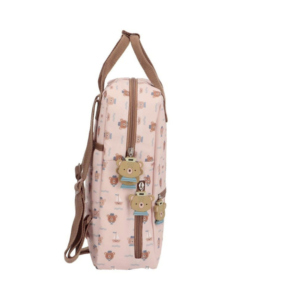 Tutete children's school backpack, pink with bear print, brown straps, teddy bear zipper charms