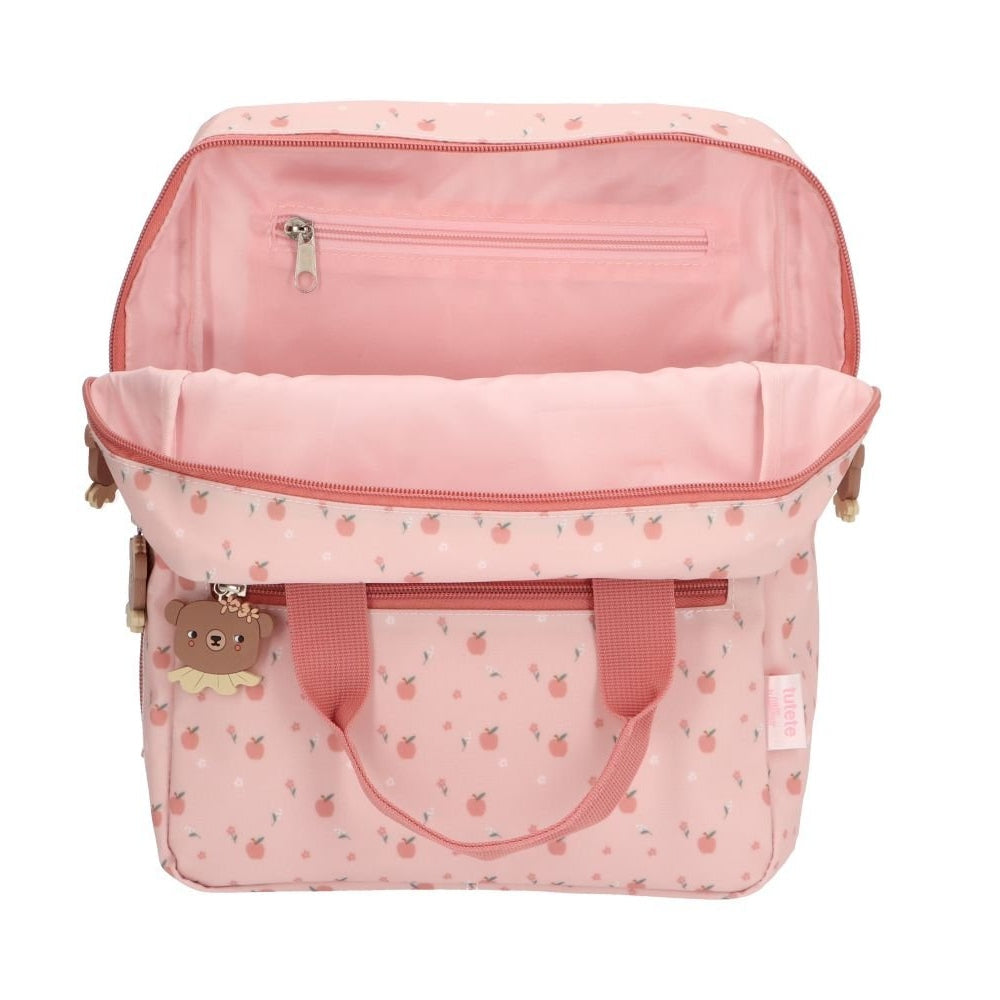 Tutete children's school backpack pink with strawberry print and bear charm