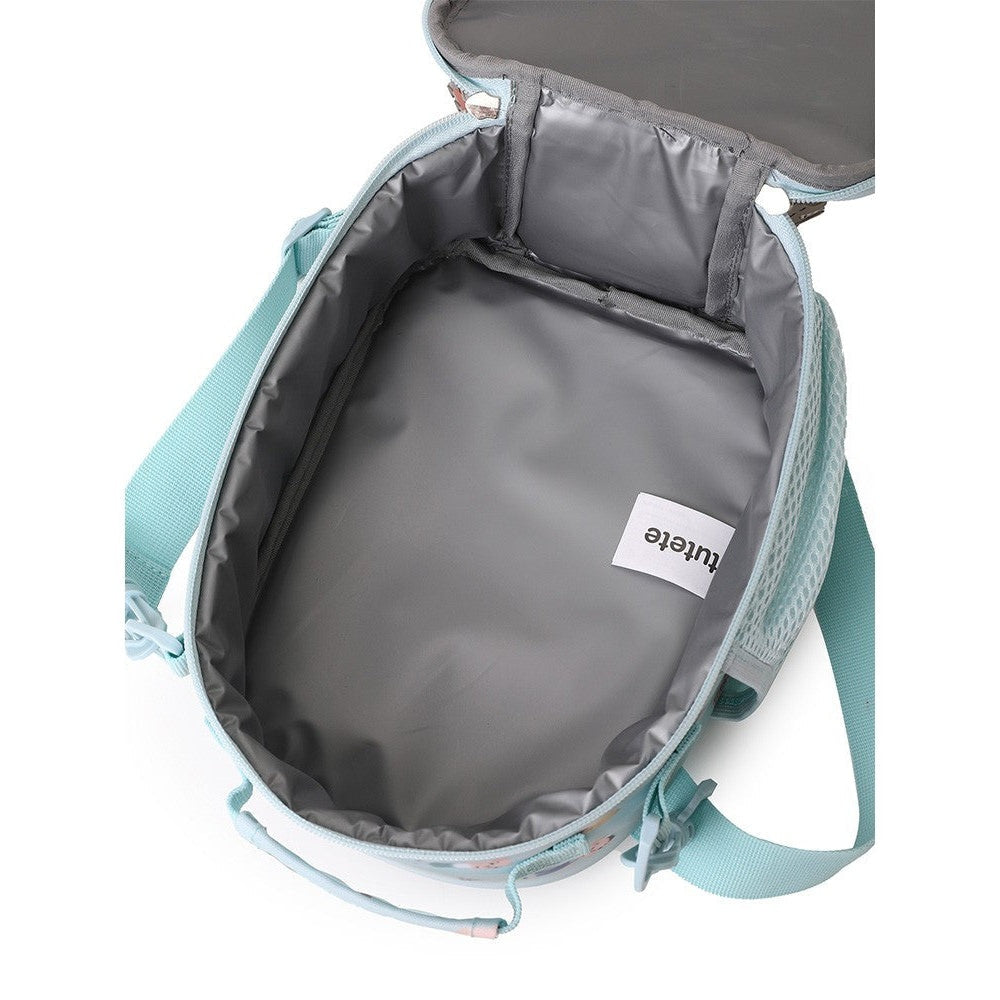Tutete 3D Thermal Snack Bag, turquoise exterior with gray insulated lining and logo tag