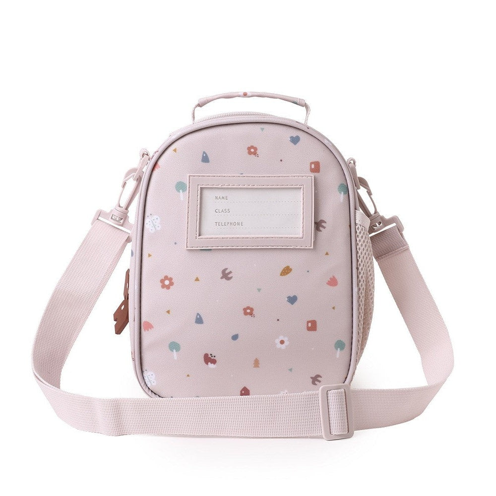Tutete Kids 3D Thermal Snack Bag pastel pink with multicolor floral print and adjustable strap