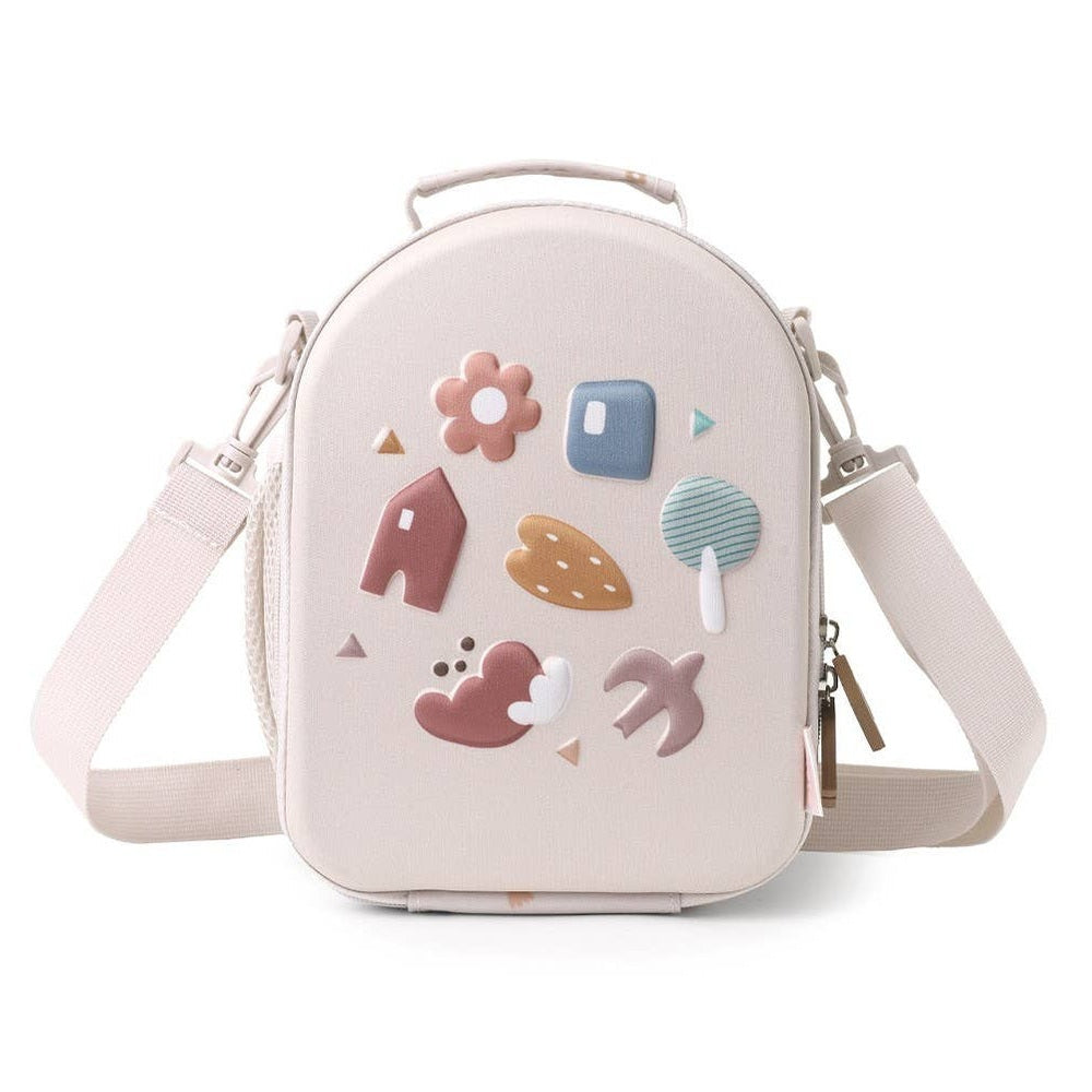 Tutete Kids 3D Thermal Snack Bag, pink rounded lunch bag with colorful 3D shapes and adjustable strap