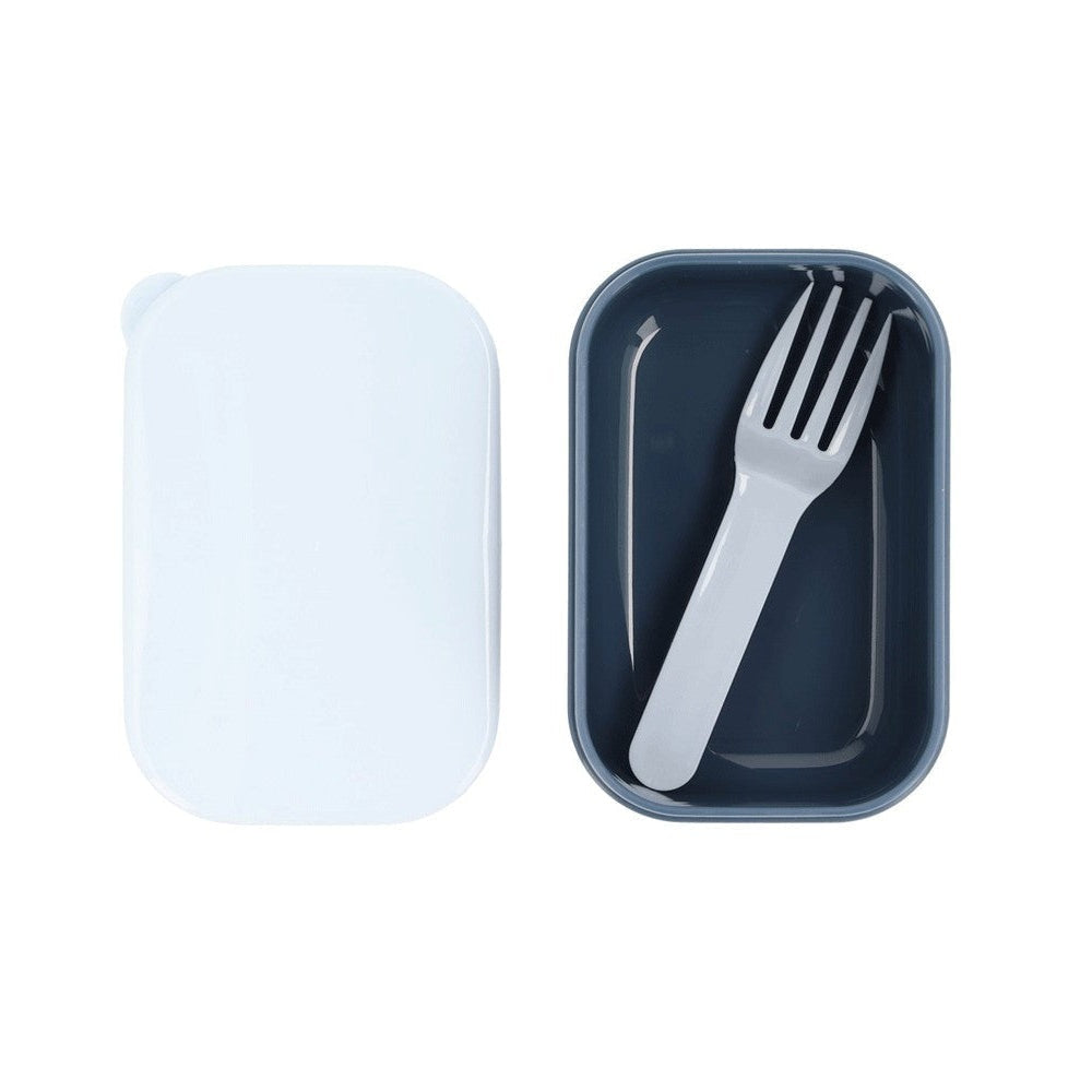 Tutete Kids Bento Lunch Box with light blue lid, dark blue interior and included white fork