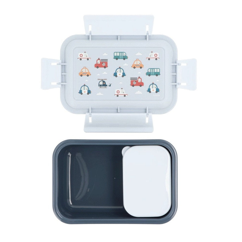 Tutete Kids Bento Lunch Box with light blue car-themed lid and two-compartment inner tray