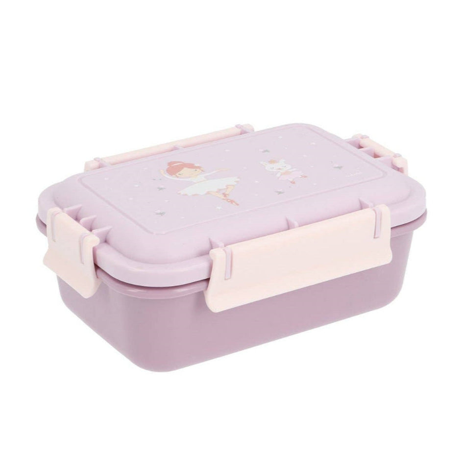 Tutete kids bento lunch box, pastel purple with pink clasps and princess lid design