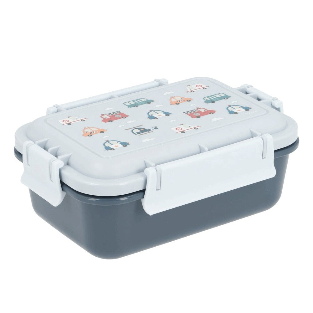 Tutete Kids Bento Lunch Box with gray base and light-blue lid featuring colorful vehicle designs
