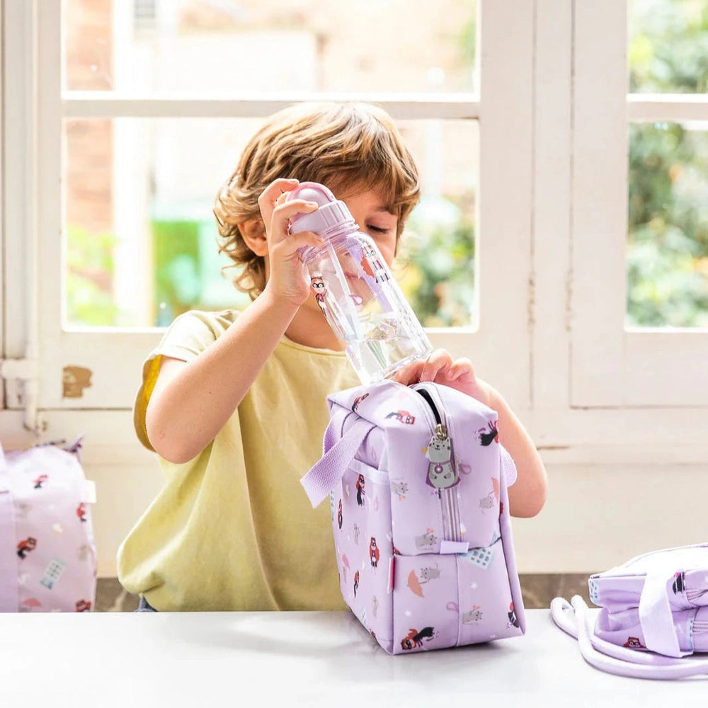 Tutete insulated lunch bag lilac with cartoon print, 2 bags shown.