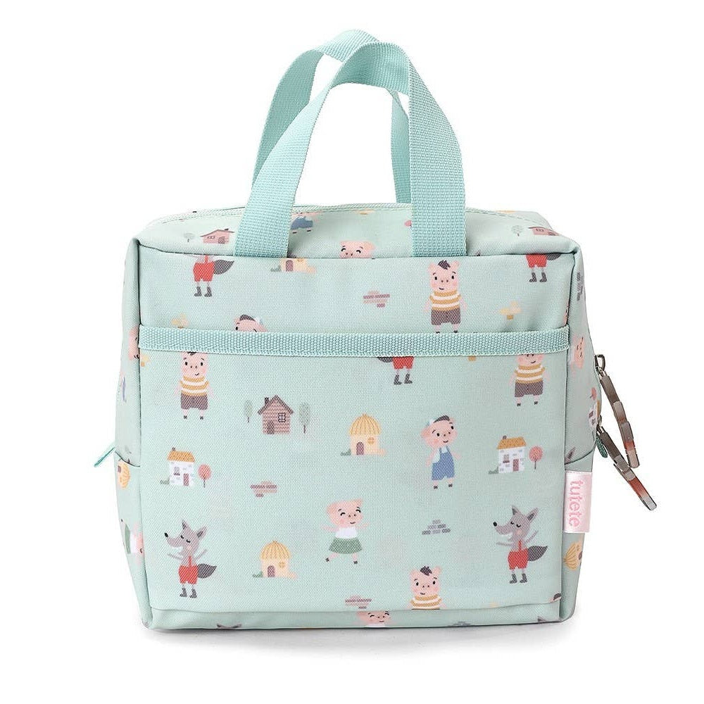 Tutete Kids Insulated Lunch Bag mint green with whimsical animal prints and light blue handles