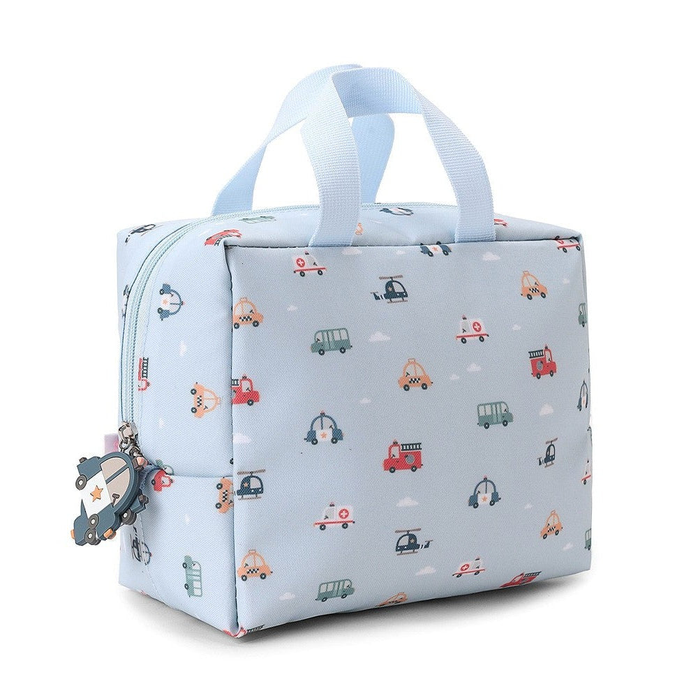 Tutete Kids insulated lunch bag; light blue with colorful vehicle print and twin handles