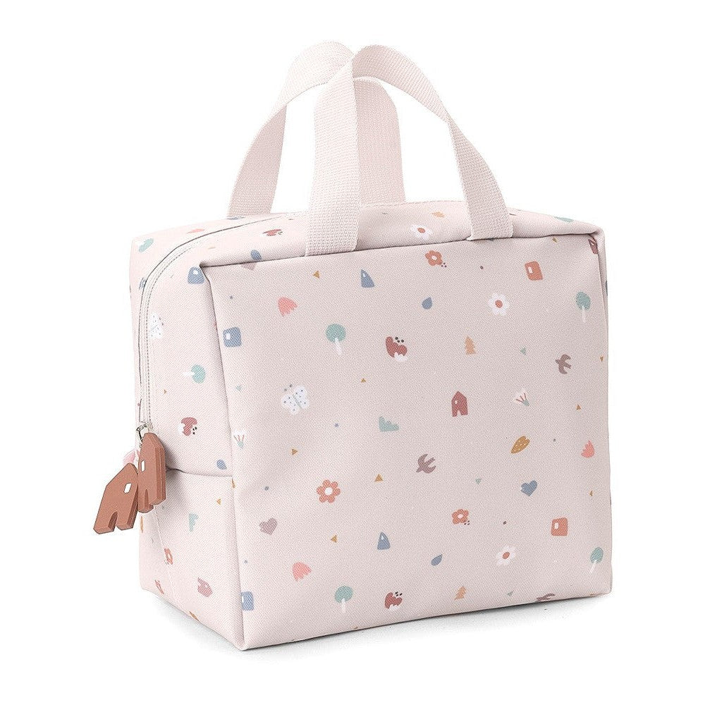 Tutete kids insulated lunch bag in pastel pink with multicolor confetti pattern and white handles