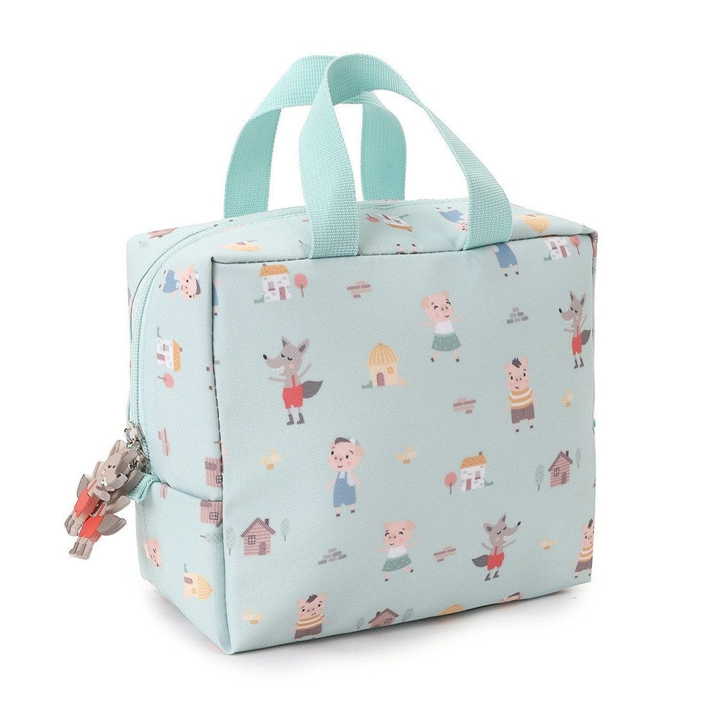 Tutete kids insulated lunch bag in light teal with whimsical character print and matching teal handles