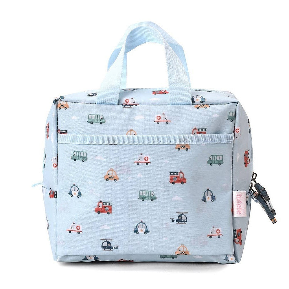 Tutete insulated lunch bag in light blue with vehicle print, zip closure and carry handles