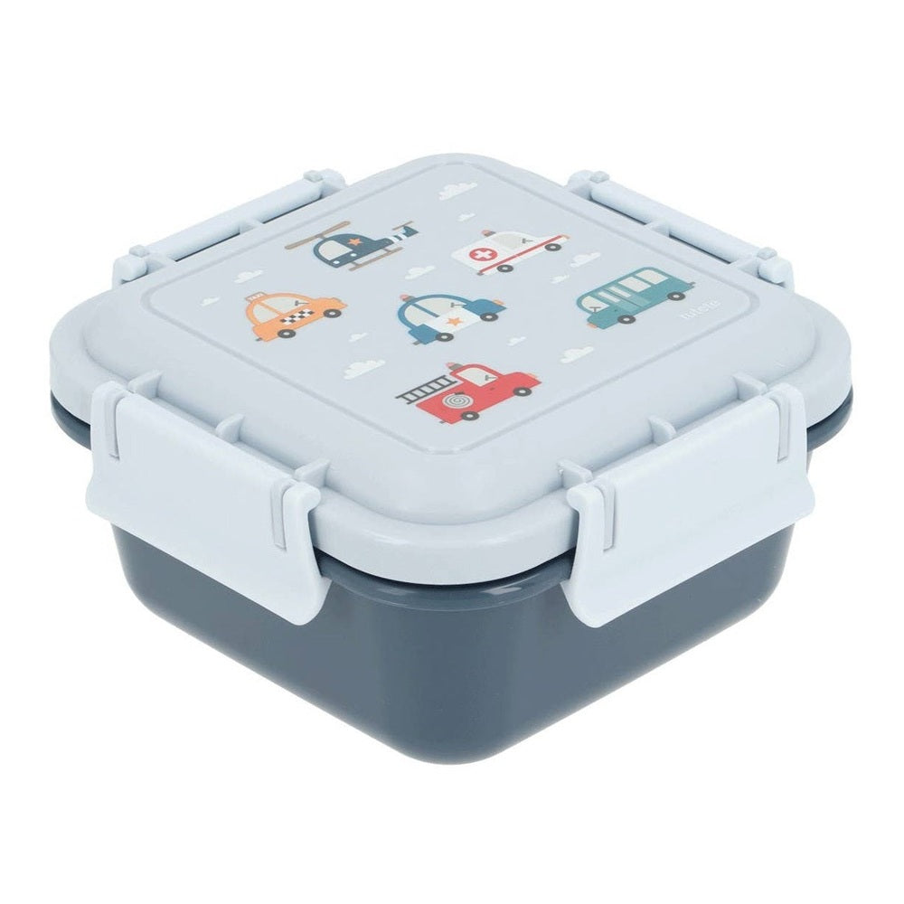 Tutete Kids Large Lunch Box in light blue with vehicle illustrations and white latch closures.