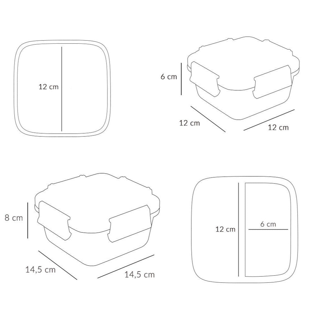 Tutete Large Lunch Box; square 12x12 cm base, 6 cm tall, with side clip closures.