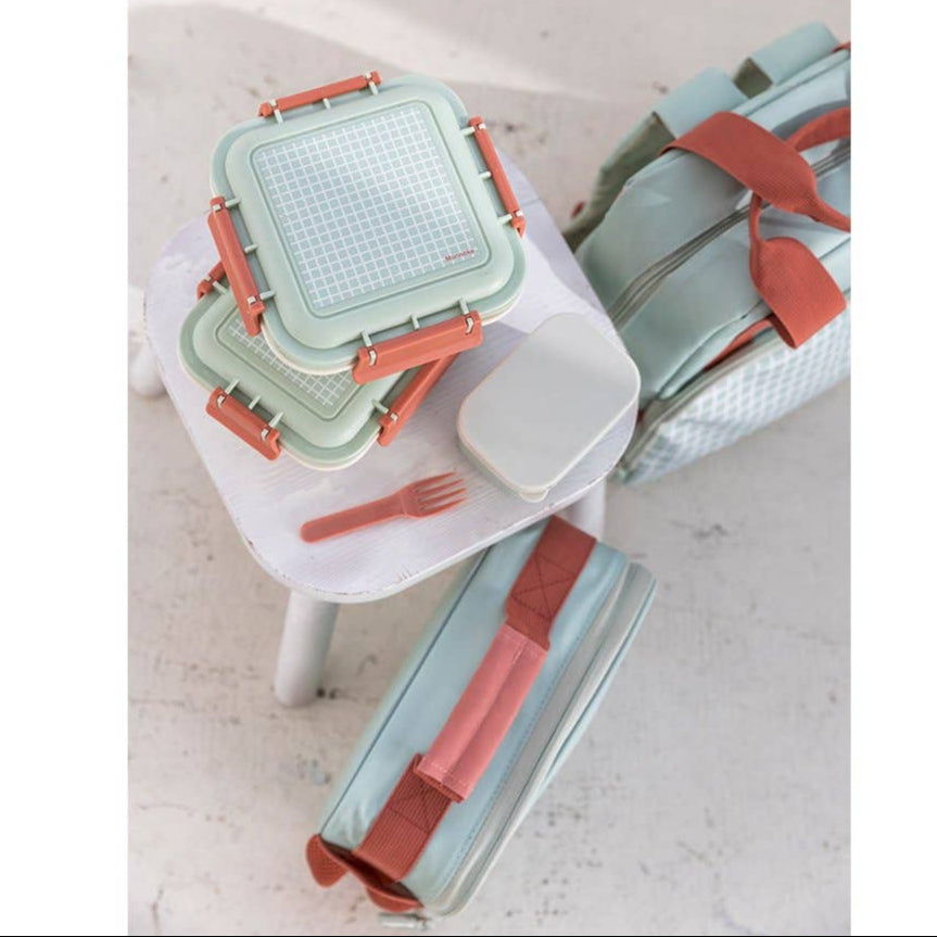 Tutete Kids Large Lunch Box set of 3; pastel turquoise containers with coral clasps, stackable.