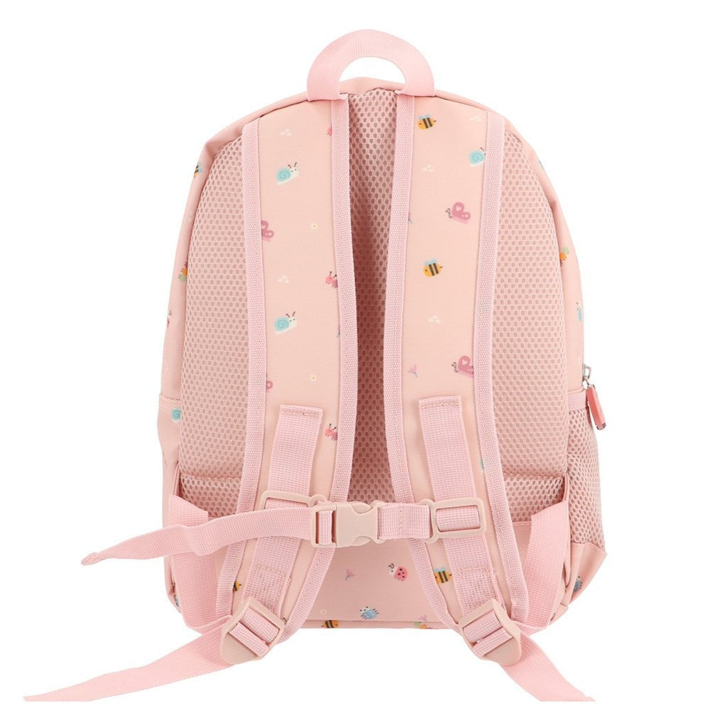 Tutete Kids Medium Backpack pink with bee and snail pattern, adjustable pink straps