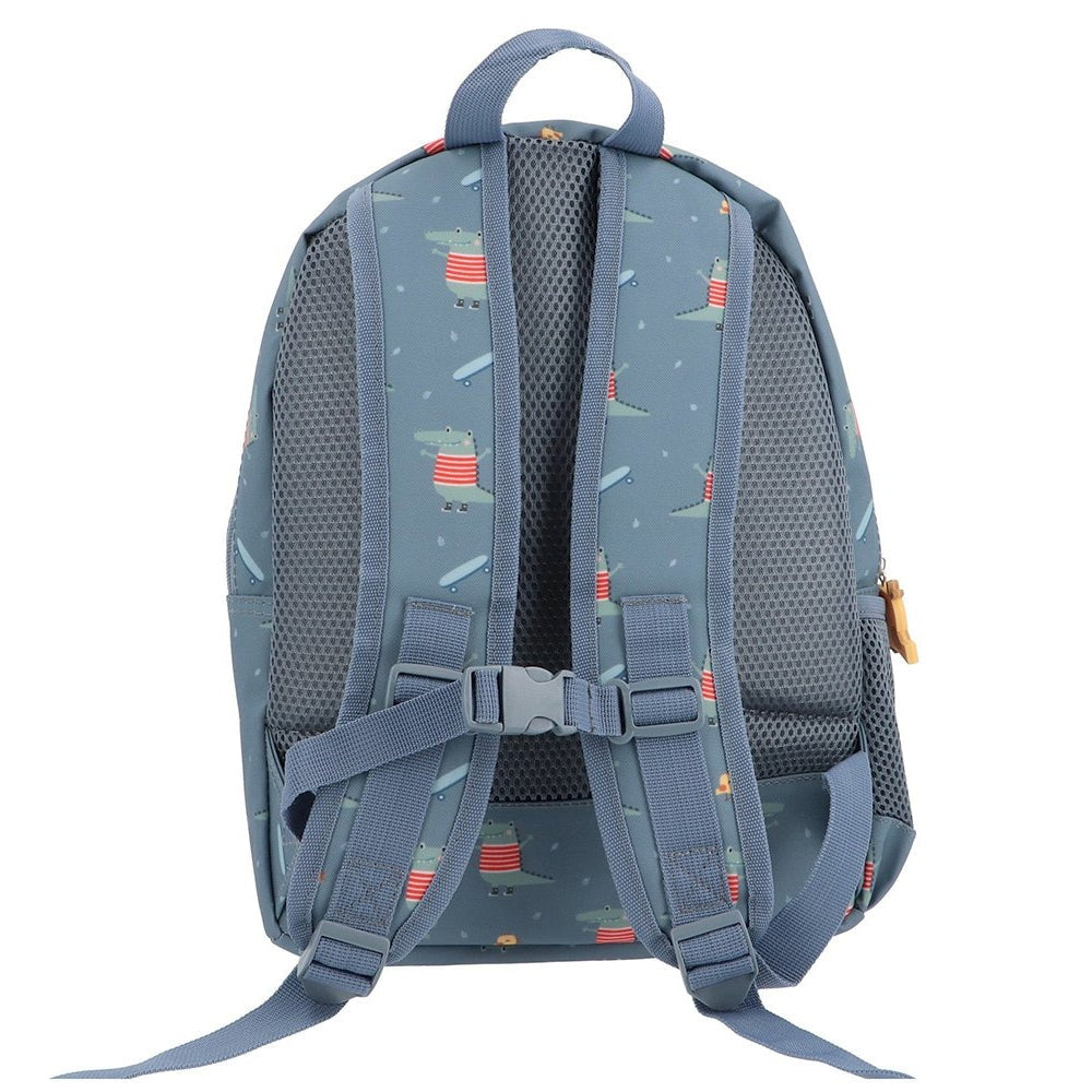 Tutete Kids Medium Backpack blue with dinosaur pattern, padded mesh back, and adjustable straps
