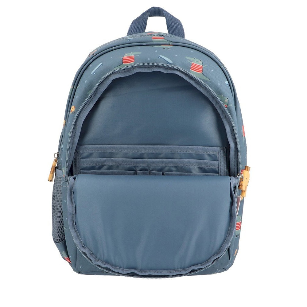 Tutete Kids Medium Backpack blue with nautical print; front zip pocket and side mesh pocket