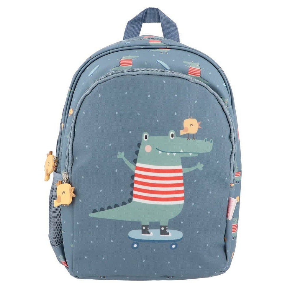 Tutete Kids Medium Backpack in blue featuring a playful alligator on a skateboard with yellow zipper charms