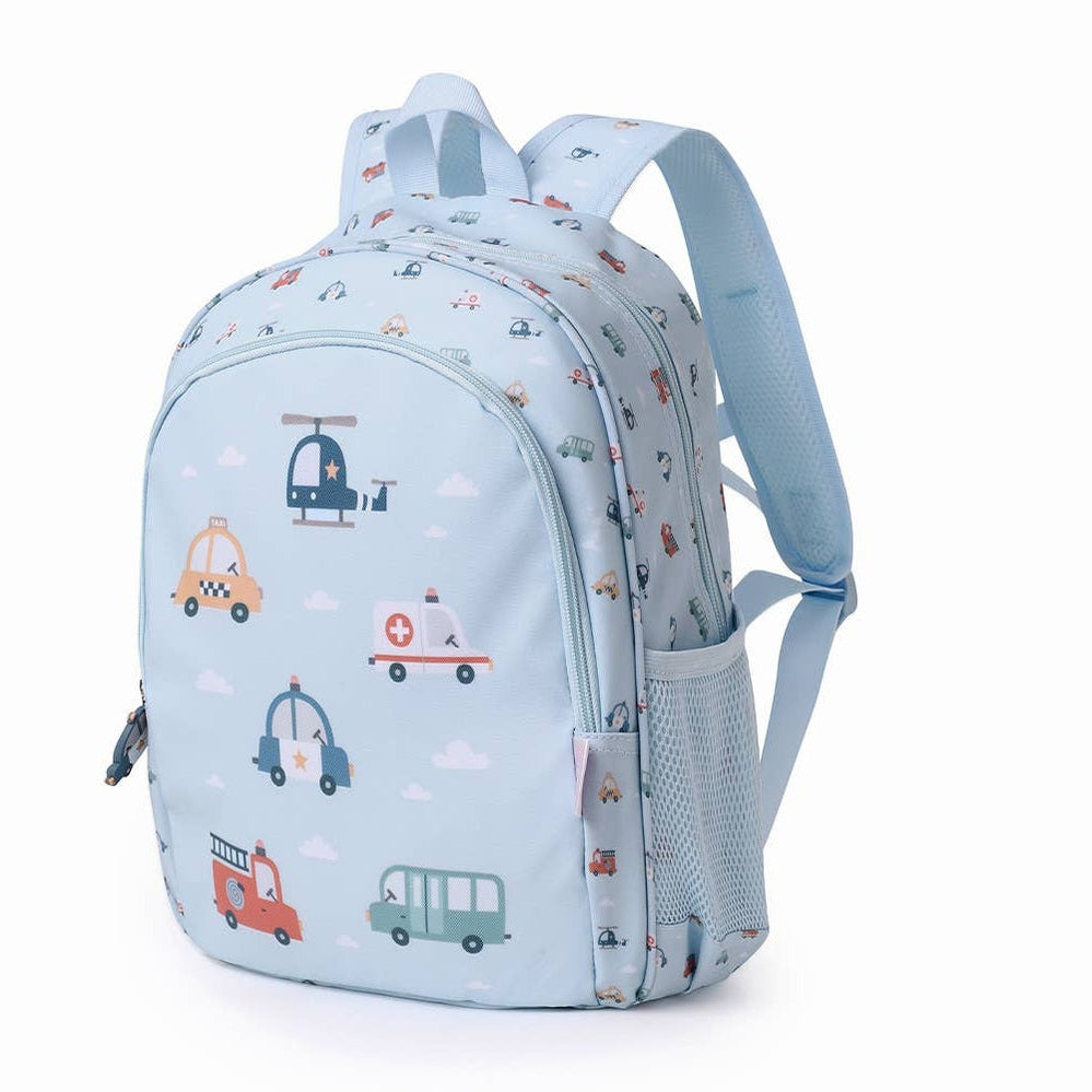 Tutete kids medium backpack in light blue with vehicle print, adjustable straps and side mesh pocket