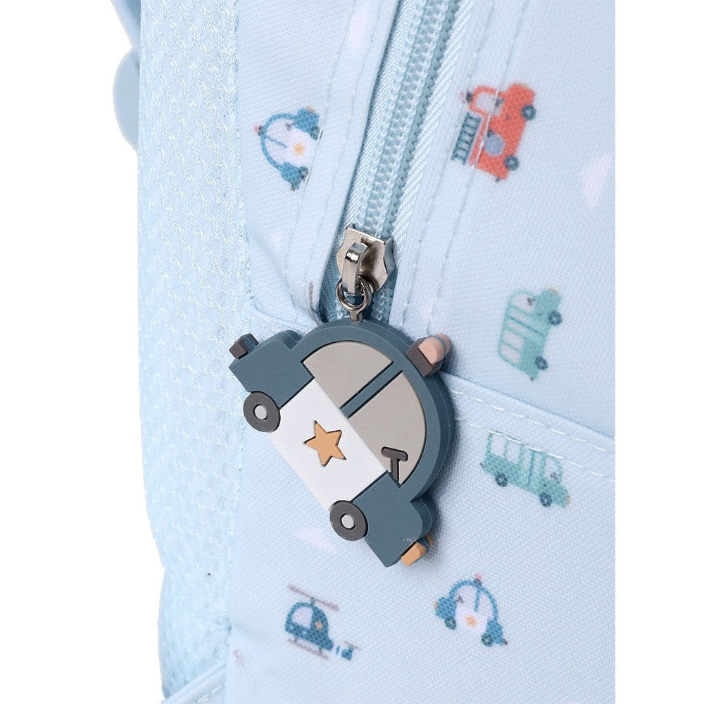 Tutete Kids Backpack; light blue with vehicle prints and a vehicle-shaped zipper pull