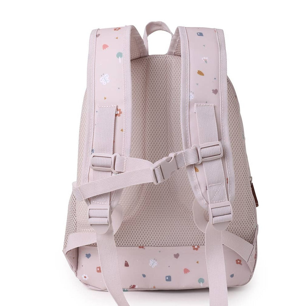 Tutete Kids Medium Backpack in soft pink with whimsical pattern, breathable mesh back, adjustable straps
