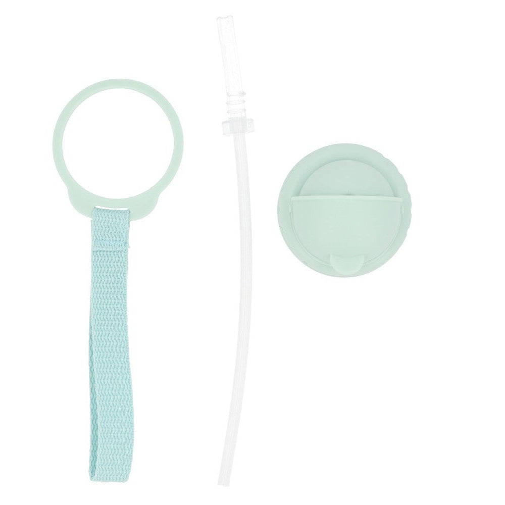 Tutete Kids Tritan water bottle 500 ml with mint green cap, clear straw, and blue strap