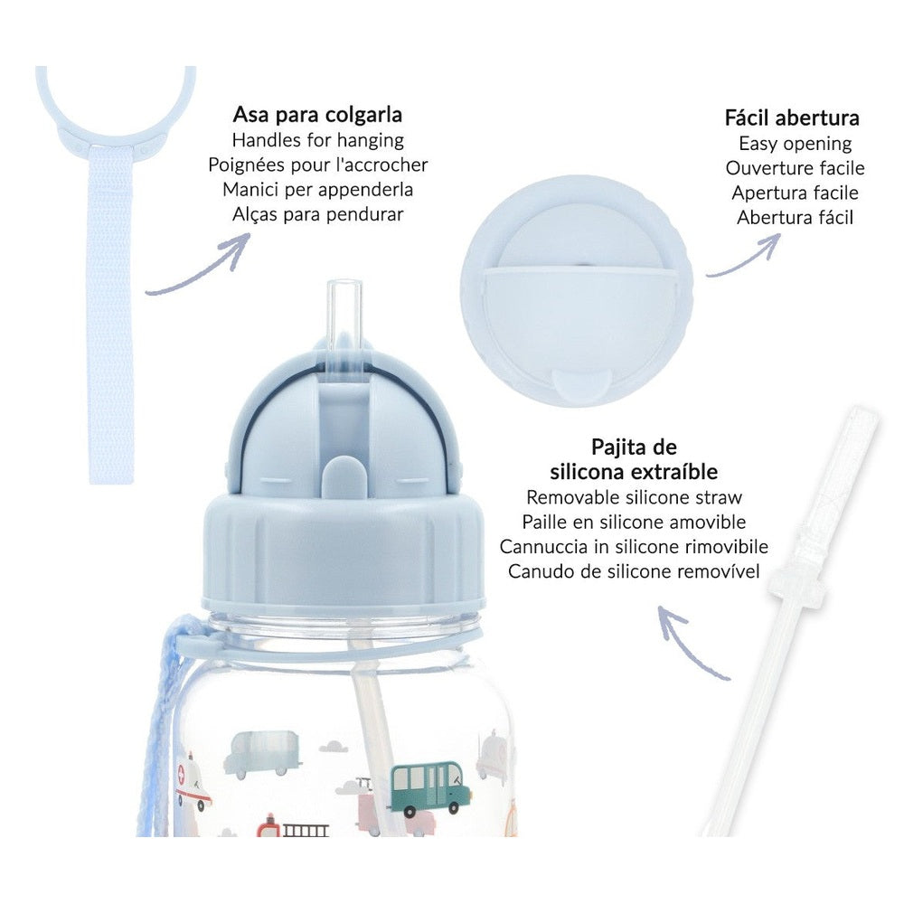 Tutete Kids Tritan water bottle, 500 ml, light blue with removable silicone straw and hanging handles