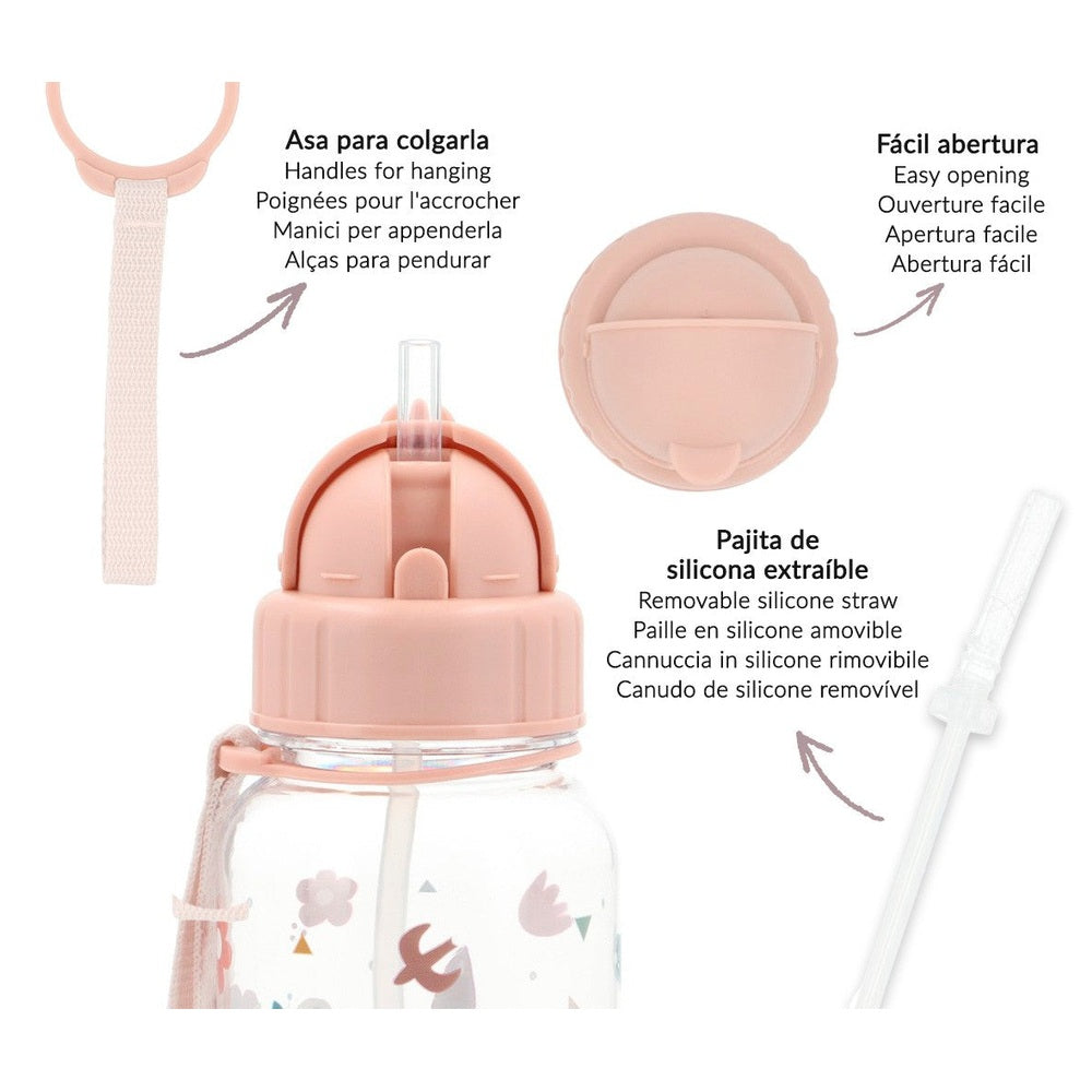 Tutete Kids Tritan water bottle 500 ml with pink lid, removable silicone straw, and hanging handle