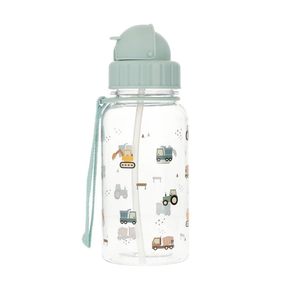 Tutete Kids Tritan water bottle 500 ml with light blue cap, straw, and construction vehicle prints