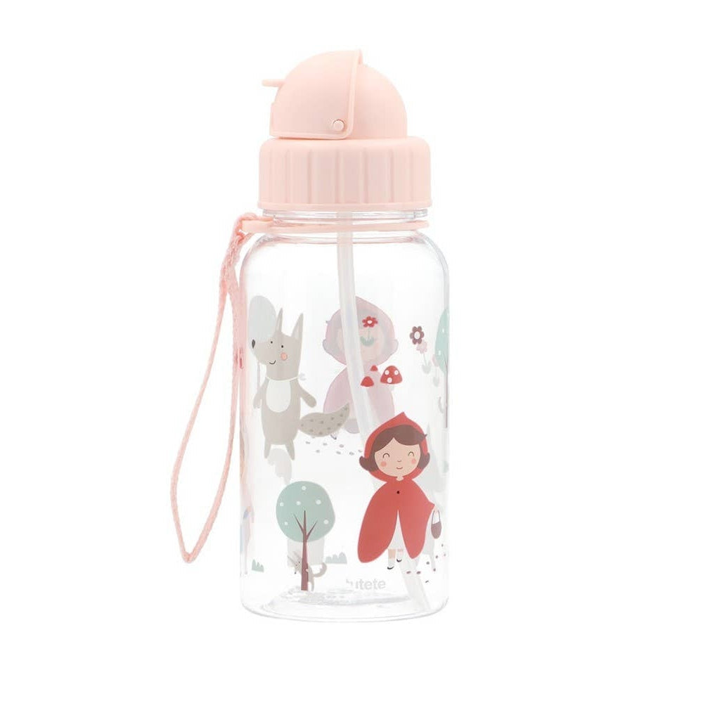 Tutete Kids Tritan water bottle, 500 ml, clear plastic with pink lid and straw featuring a girl illustration.