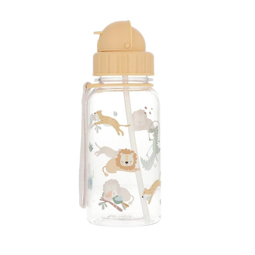Tutete Kids Tritan Water Bottle 500 ml with beige lid, clear body, jungle animal prints and strap