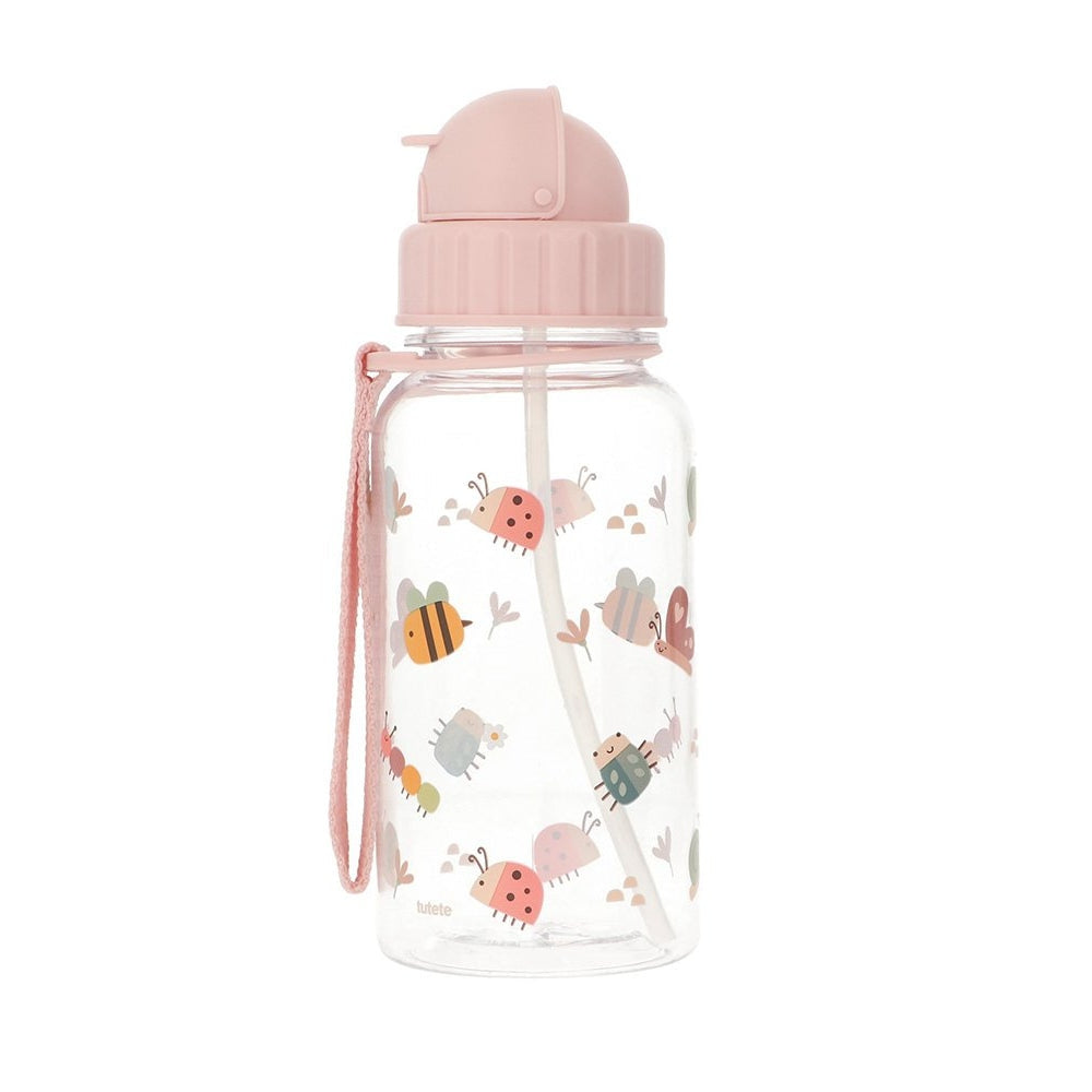 Tutete Replacement Silicone Straw For Plastic Bottles water bottle with pink lid, clear body, pastel bee print, straw in place.