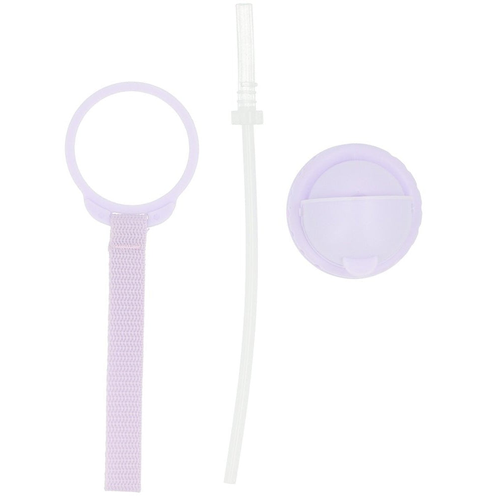 Tutete Kids Tritan water bottle 500 ml with lavender straw cap and matching lavender strap.