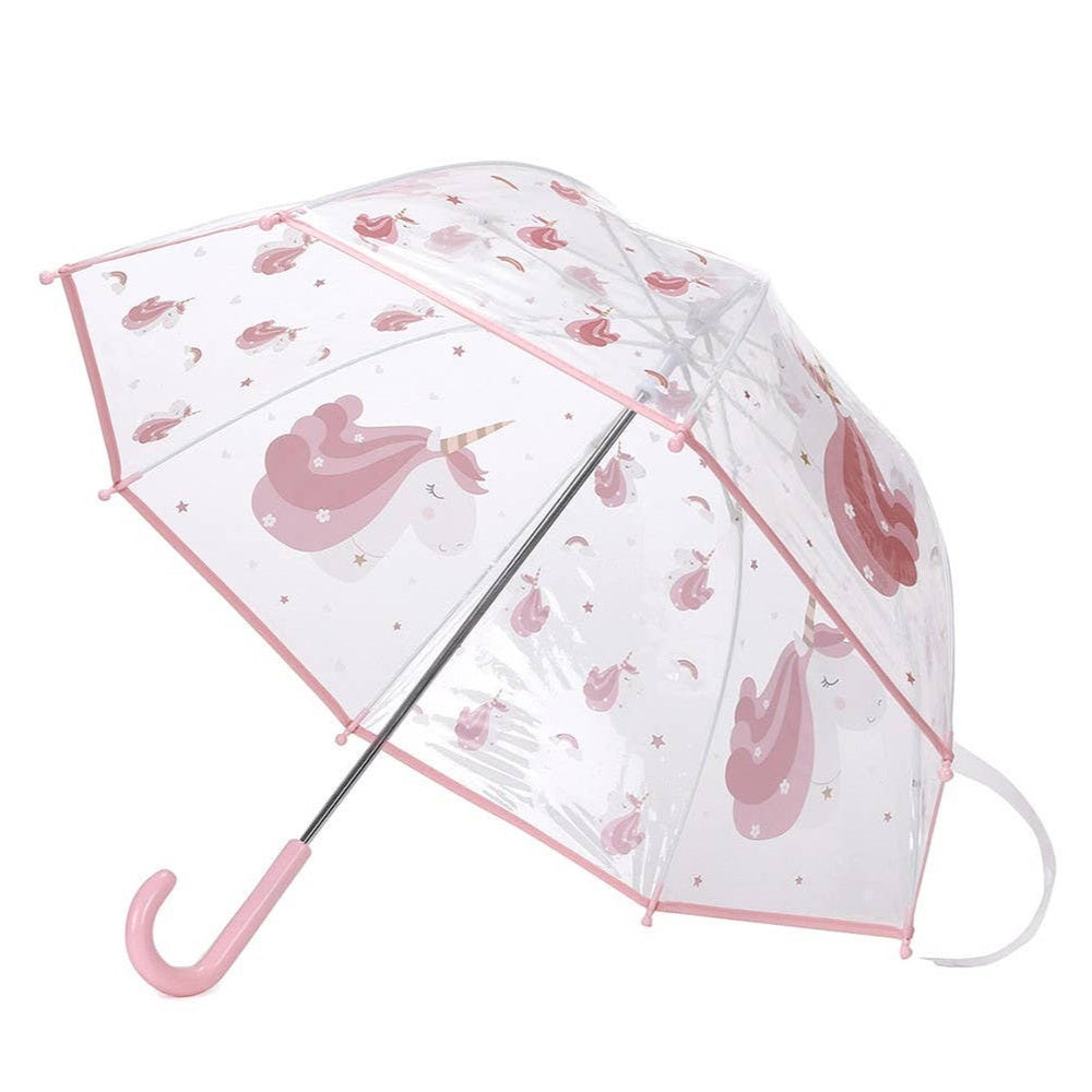 Tutete kids umbrella with clear canopy, pink unicorn print, pink trim, and curved pink handle.