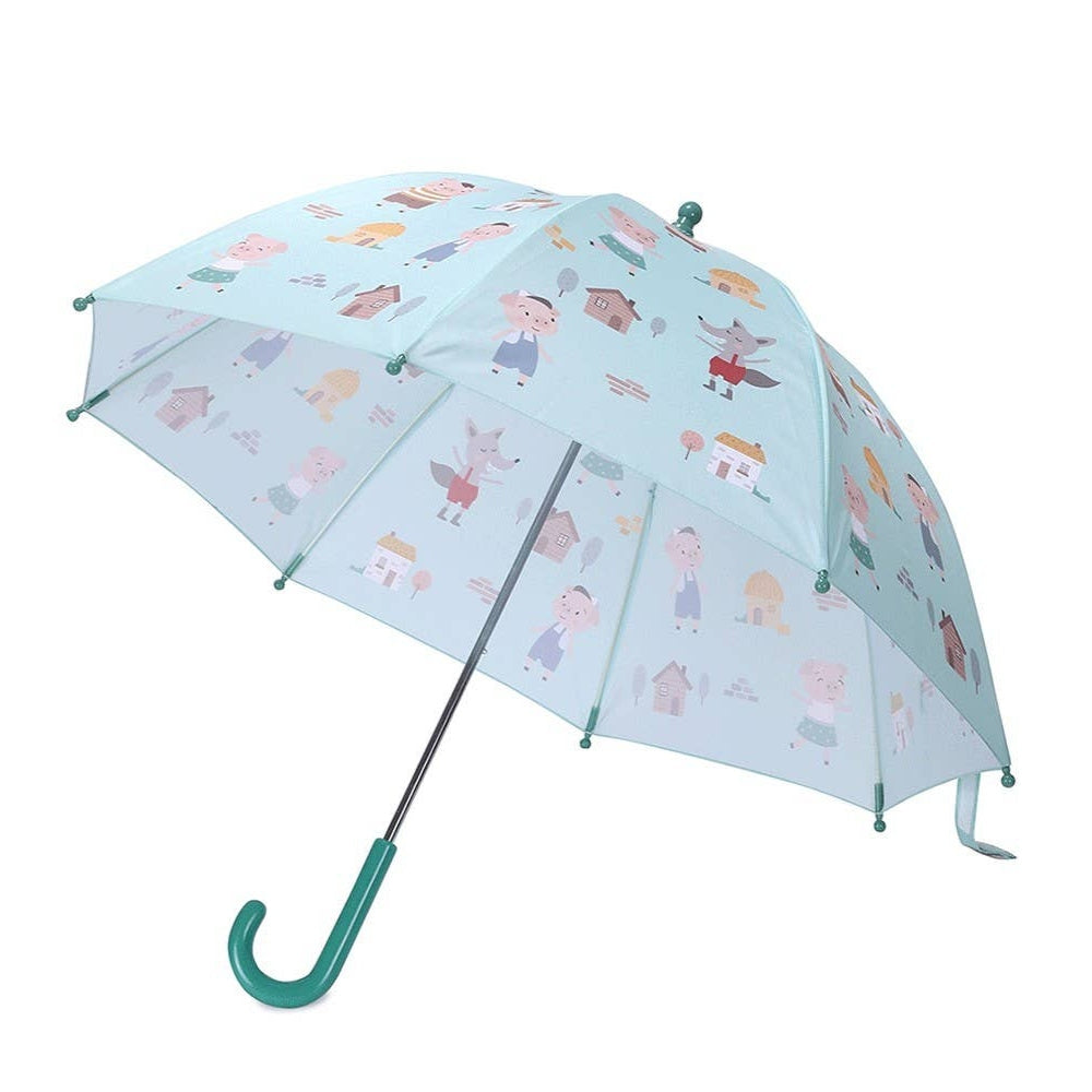 Tutete kids umbrella light blue with whimsical cartoon characters and houses; teal curved handle