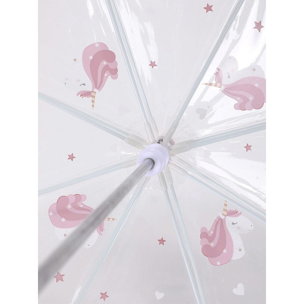 Tutete Kids Umbrella with transparent canopy featuring pink unicorns and stars, lightweight kid's rain parasol