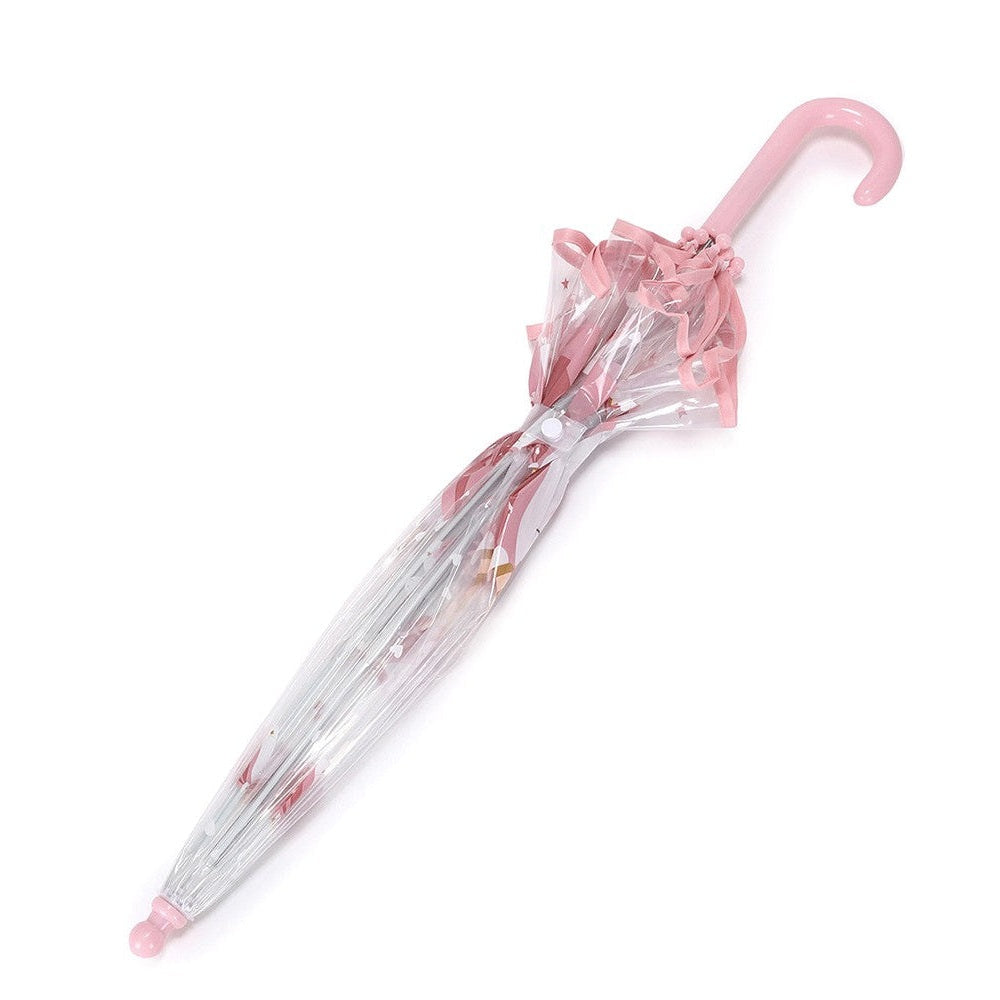 Tutete kids umbrella with pink curved handle and clear canopy with ribbons