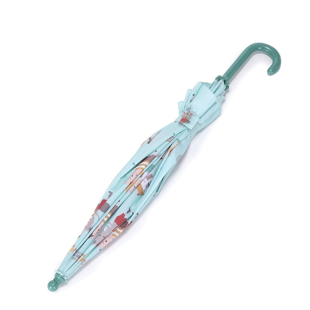 Tutete kids umbrella with light blue canopy and playful pattern; curved green handle