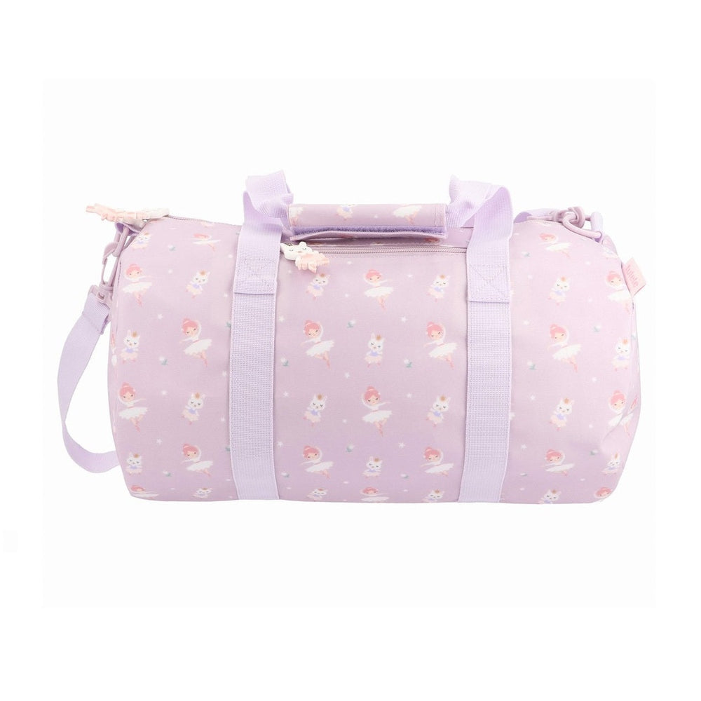 Tutete sports bag, pastel pink duffel with lavender straps and ballerina prints