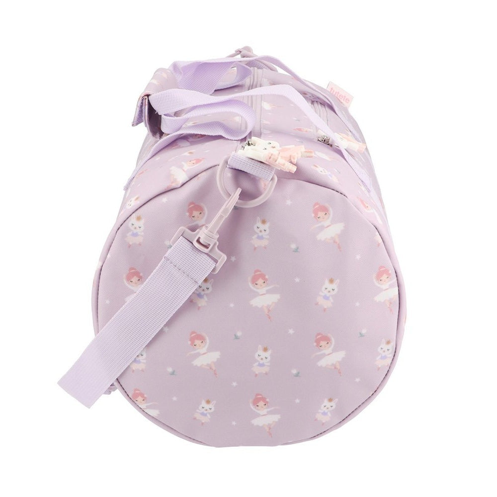 Tutete lilac round gym duffel bag featuring ballerina prints and an adjustable strap