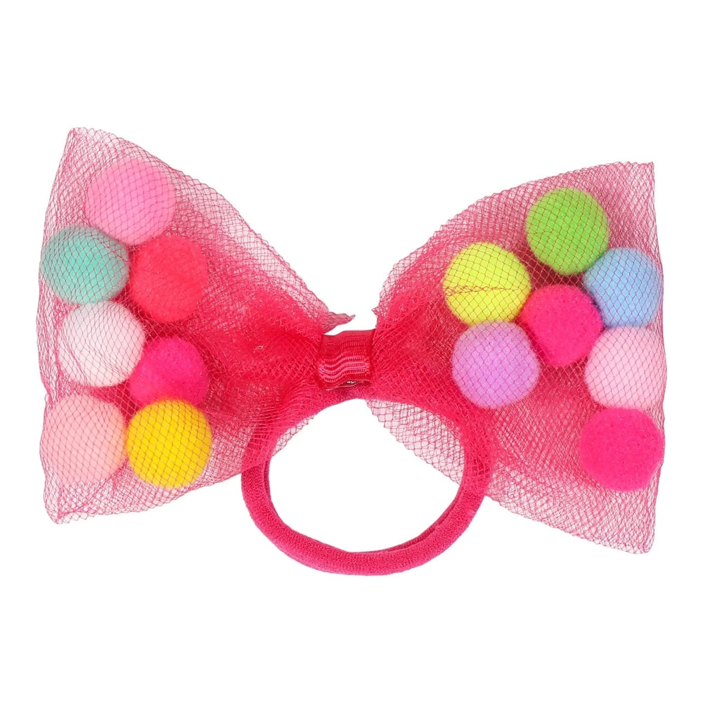 TUTU JOLI LLC 2Pc Pom Pom Hair Ties with 4-inch bow; pink netted bow with colorful pom poms on a pink band