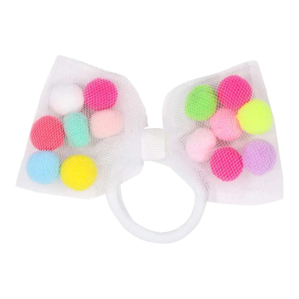 Tutu Joli LLC pom pom hair ties, 2-pack; white tulle bows with colorful pom poms, strong grip.