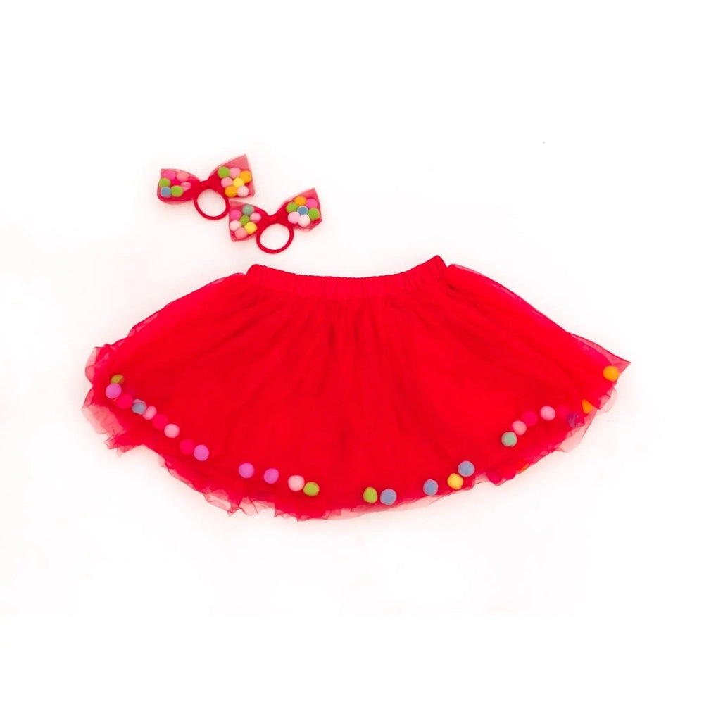 Tutu Joli Llc 2Pc Red Christmas Kids Pom Pom Tutu&Bow Hair Tie