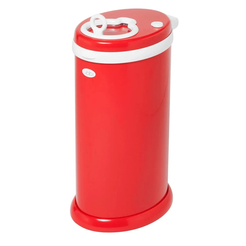 Ubbi Ubbi Diaper Pail in red with white lid closed, circular top ring visible.